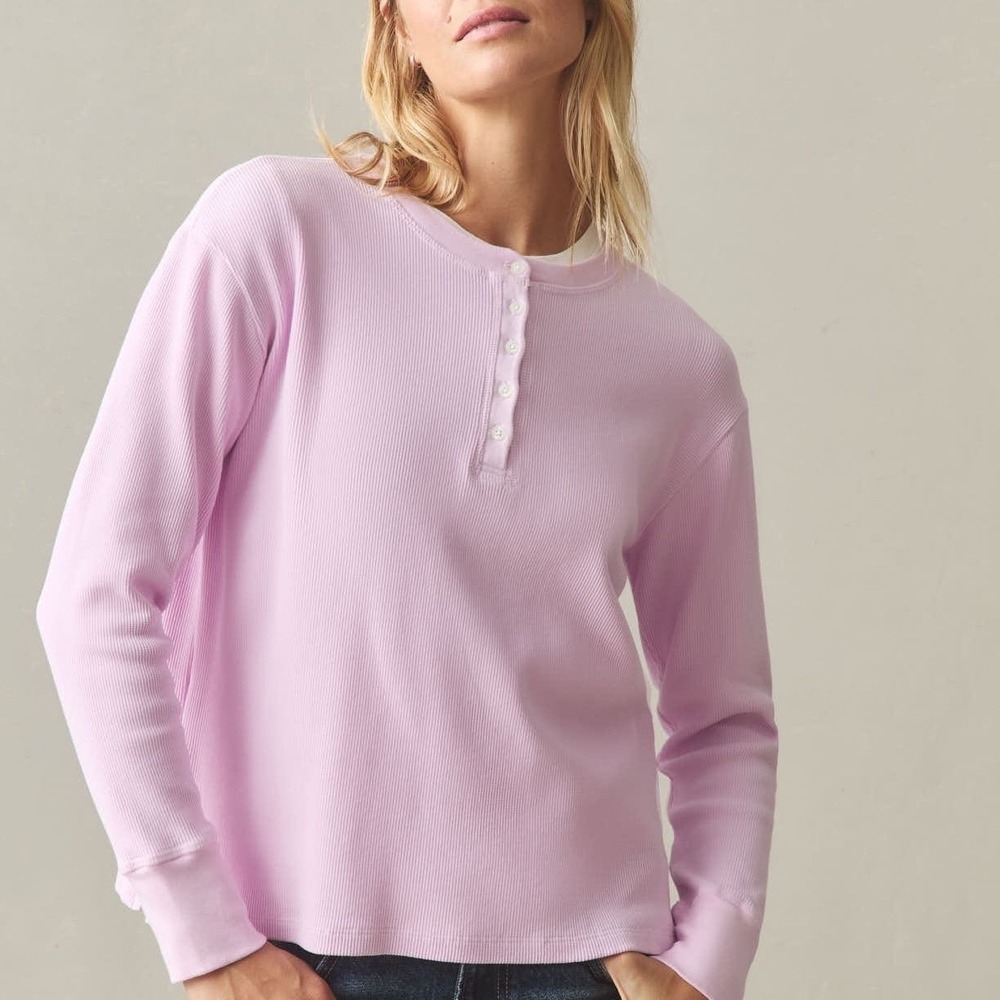 American Giant Thermal Henley T-Shirt Womens M Pink Cotton Stretch Waffle‎ Knit